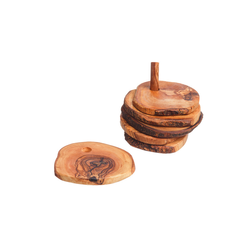 Olive Wood Rustic Coasters with Holder - Set of 6