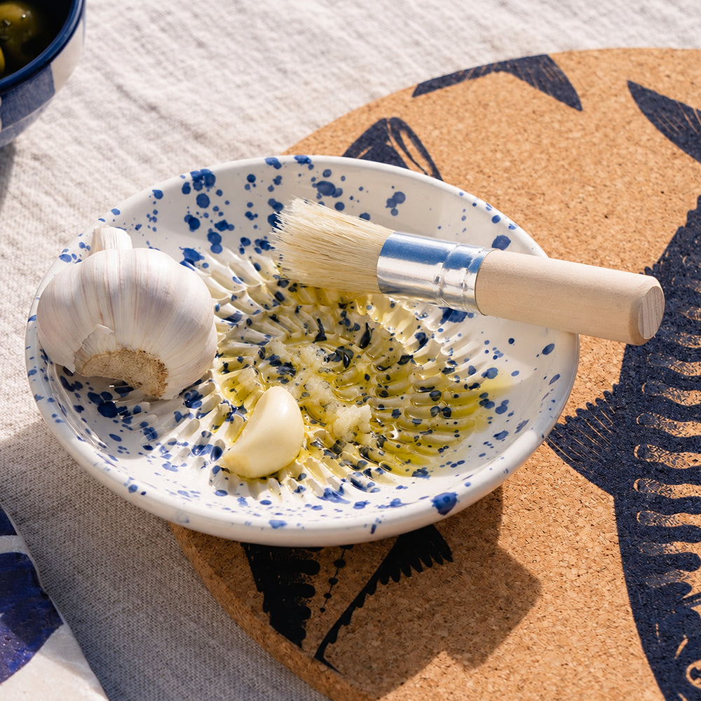 Blue Speckle Ceramic Garlic Grater & Brush Set