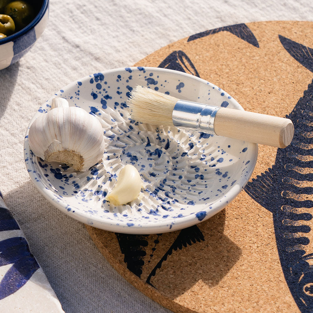 Blue Speckle Ceramic Garlic Grater & Brush Set