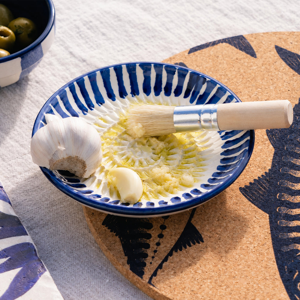 Blue Stripe Ceramic Garlic Grater & Brush Set