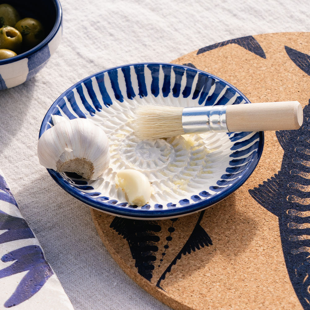 Blue Stripe Ceramic Garlic Grater & Brush Set