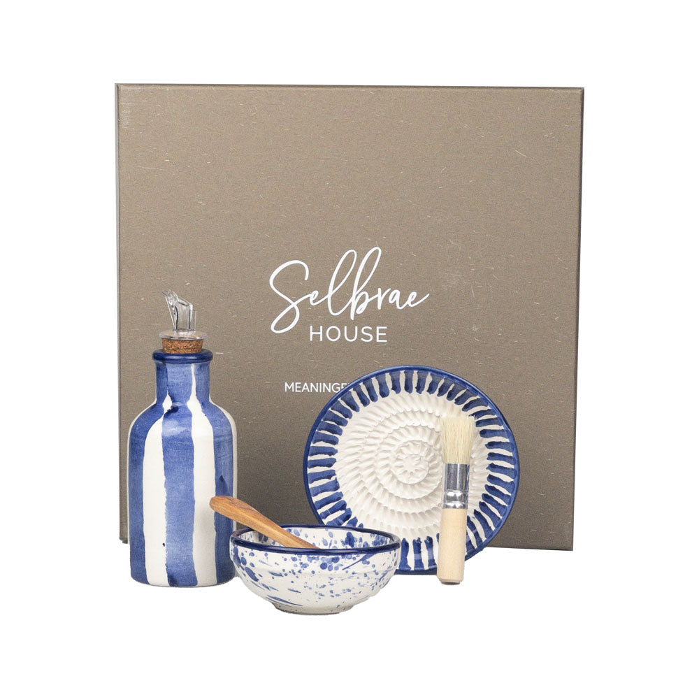 Blue Stripe Ceramic Oil, Garlic and Salt Set