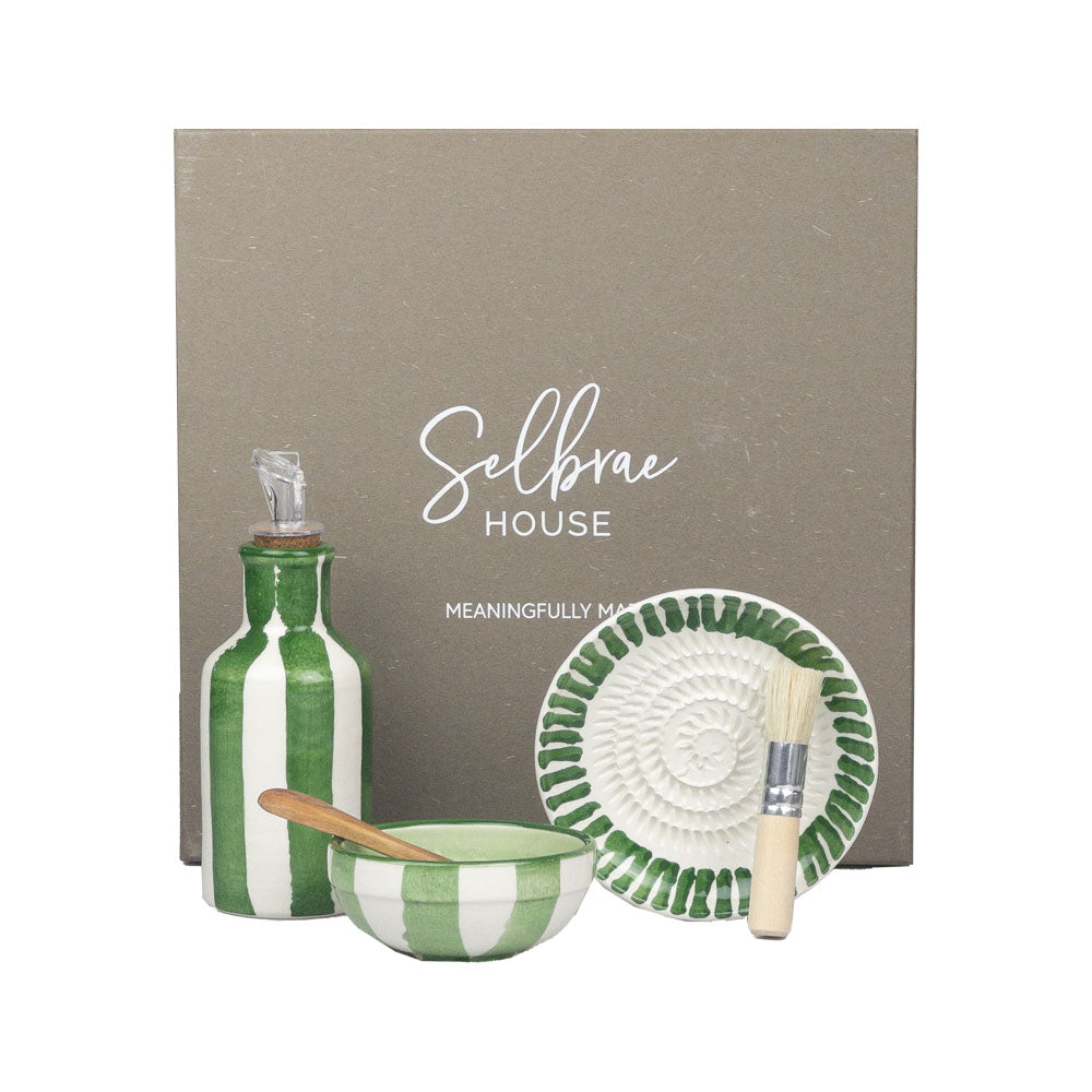 Green Stripe Ceramic Oil, Garlic and Salt Set