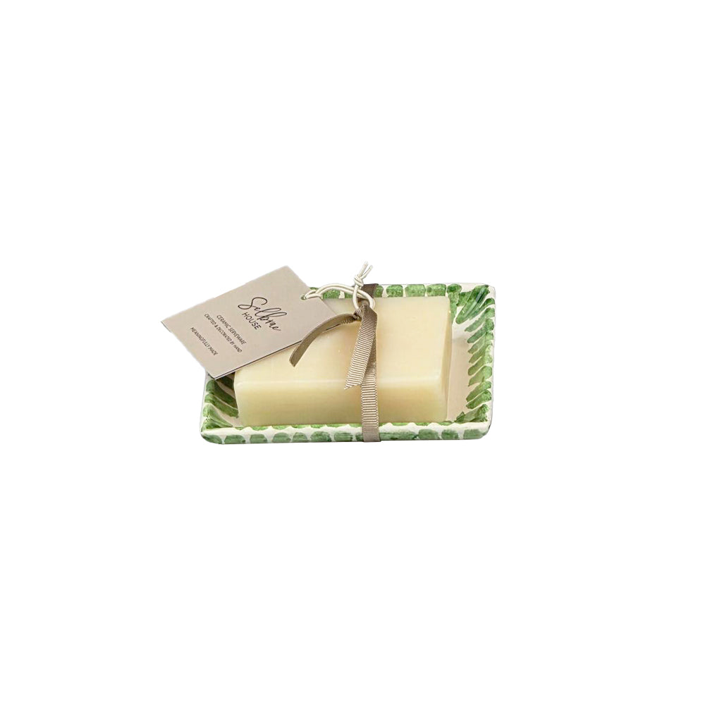 Green Stripe Ceramic Soap Dish & Soap Set