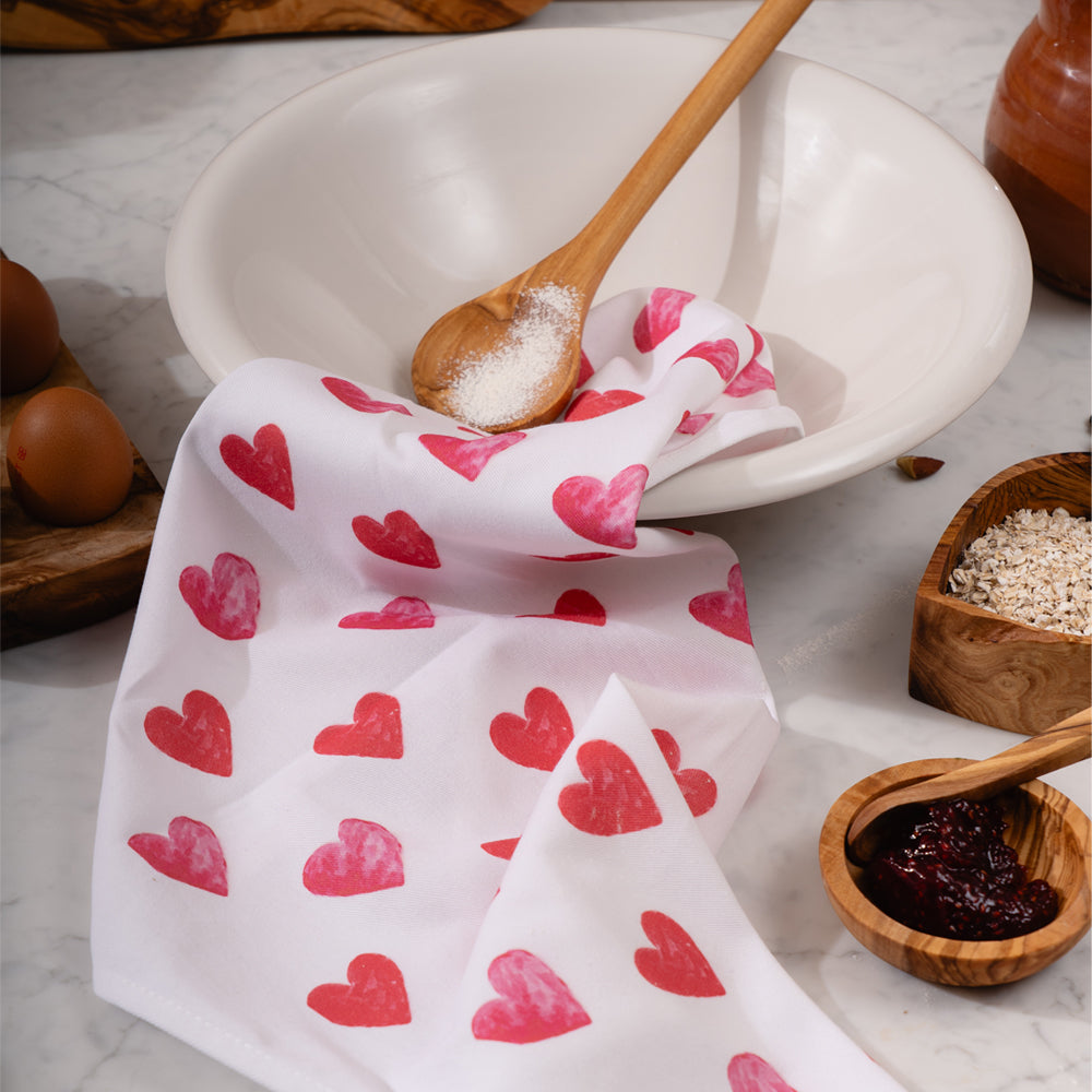Pink Hearts Cotton Tea Towel
