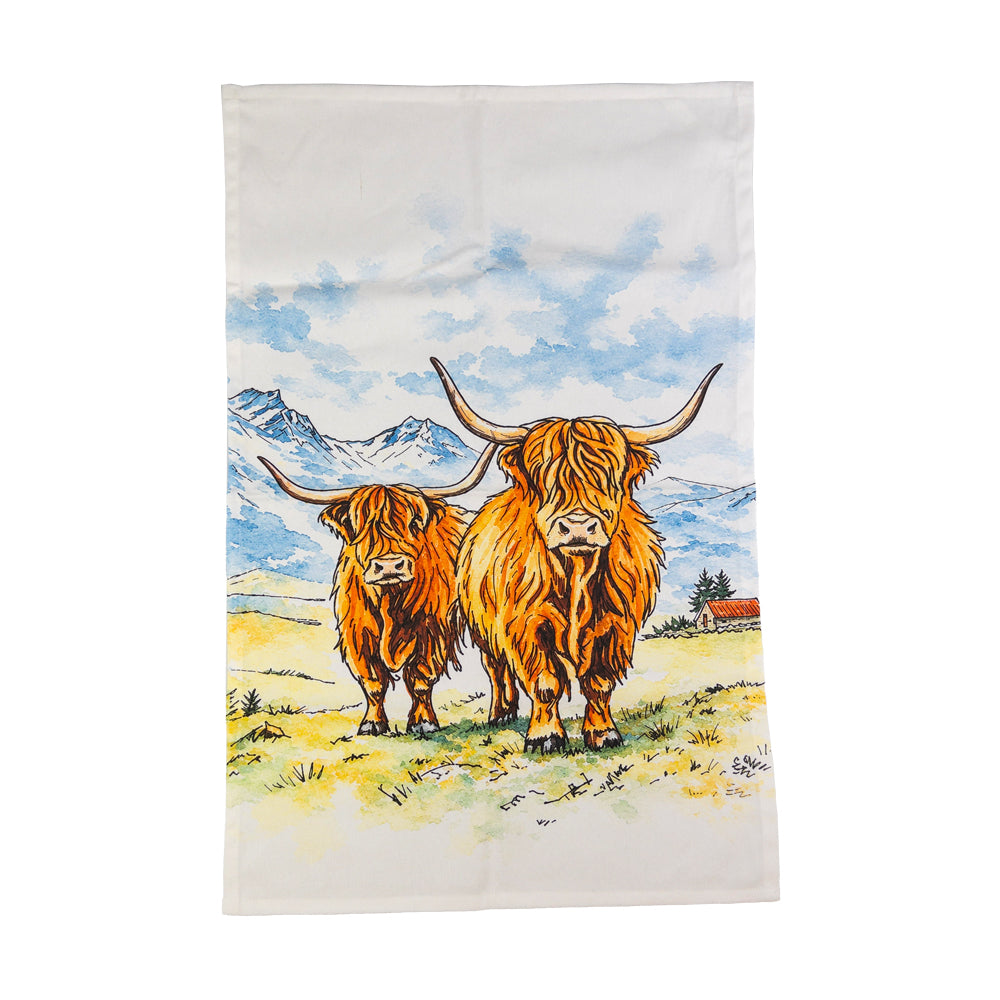 Scenic Highland Cow Cotton Tea Towel