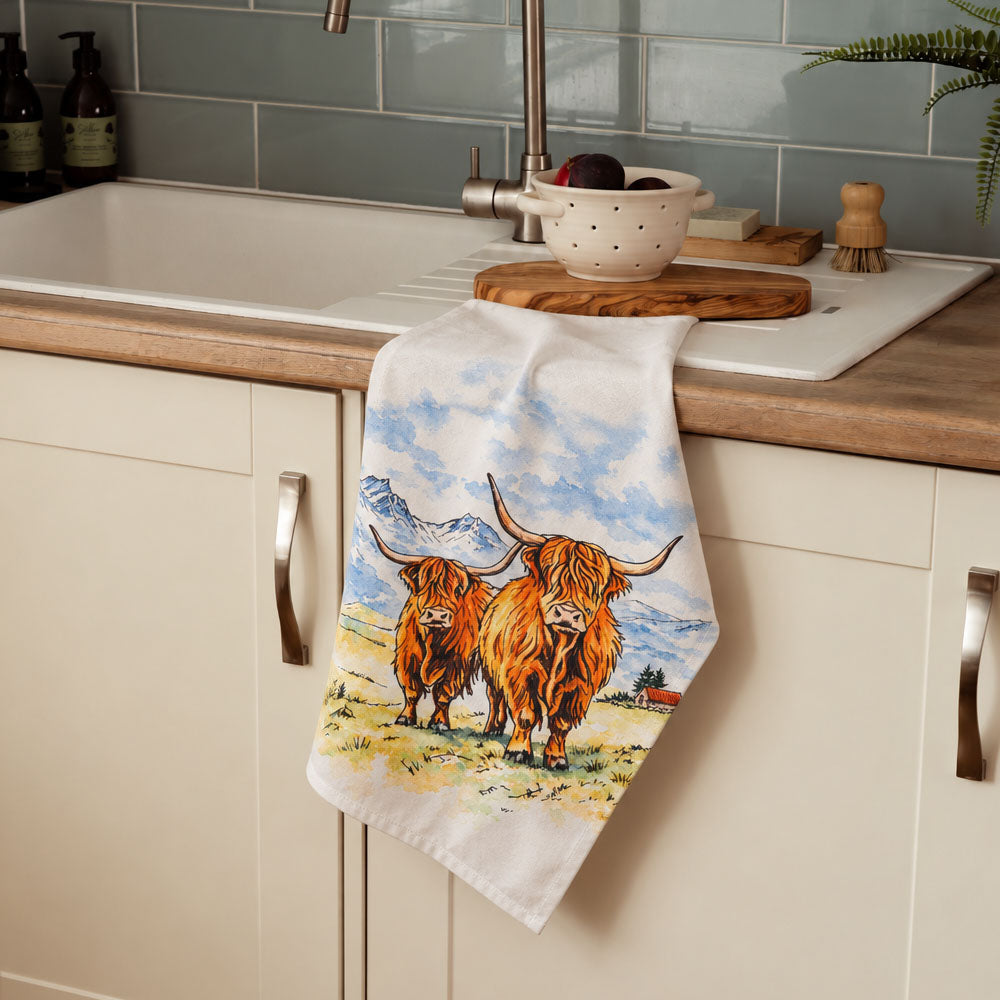 Scenic Highland Cow Cotton Tea Towel